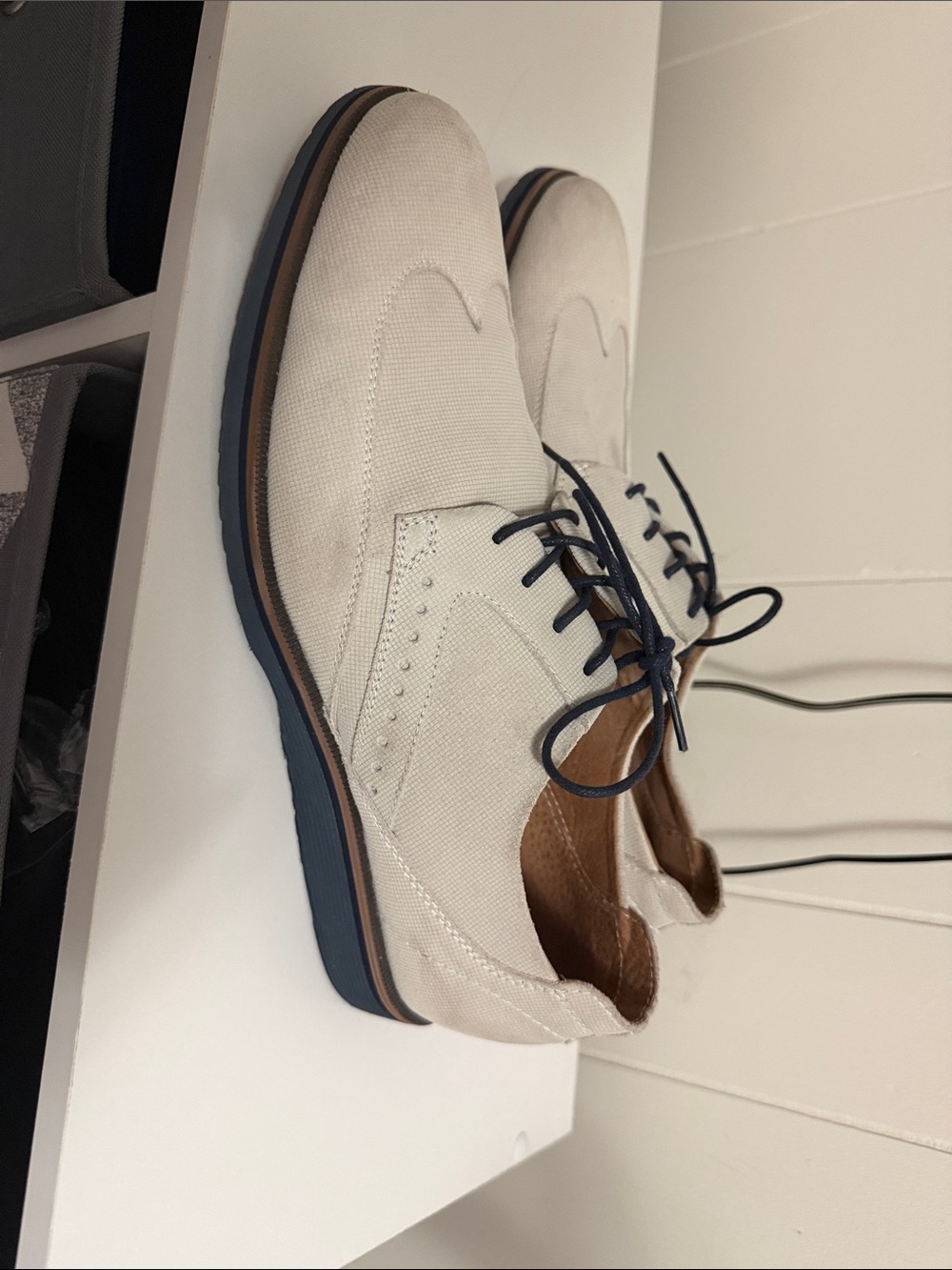 Stacy Adams Cream Canvas Wingtip Oxfords with Navy Accents